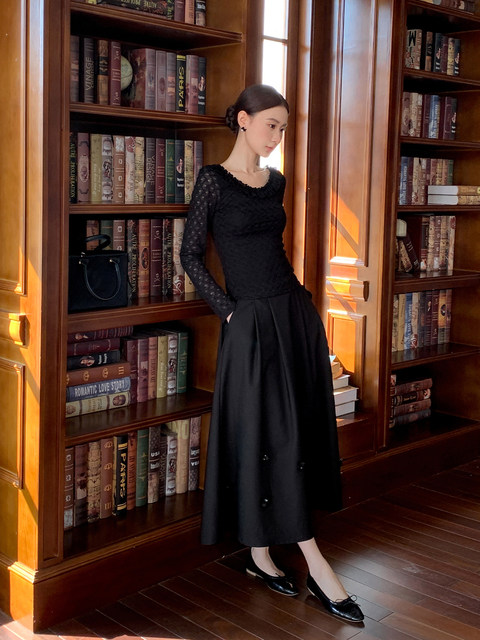 Xxning French Retro Handmade Beaded Sequin Half-Length Umbrella Skirt for Women, Stylish and Elegant, Slimming Long Skirt for Commuting