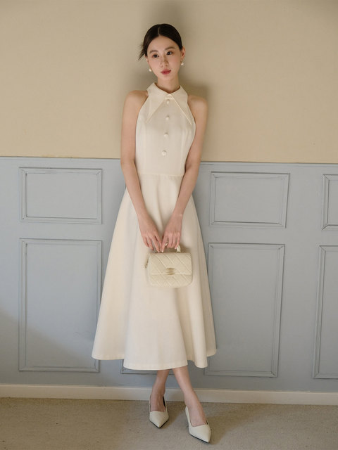 Xxning French-Style Halter Neck Small Stand Collar Waist-Cinching Dress for Women, Niche Design New Style Suit Collar Waist-Cinching Long Dress