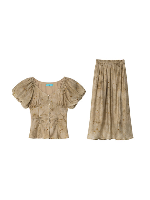 XXNING French bud sleeve top and skirt suit for women, autumn fashion commuting and vacation style two-piece set