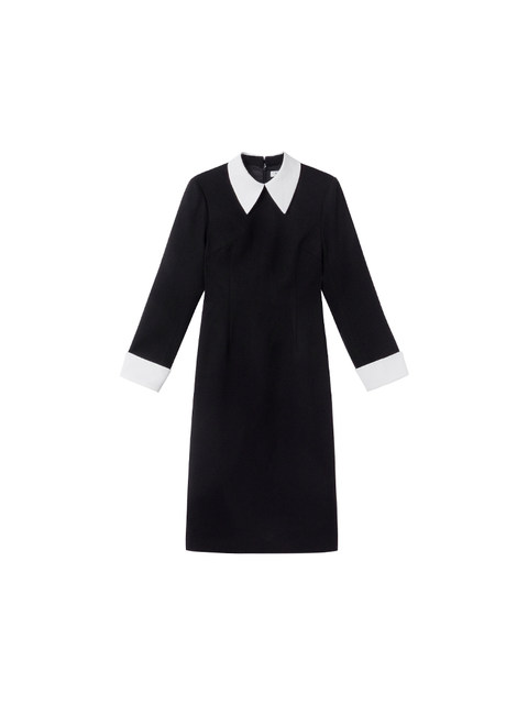 Xxning French-Style Color-Block Pointed Lapel Waist-Cinching Dress for Women, Loose Fit, Tummy-Covering, Fashionable and Elegant Black Long Dress