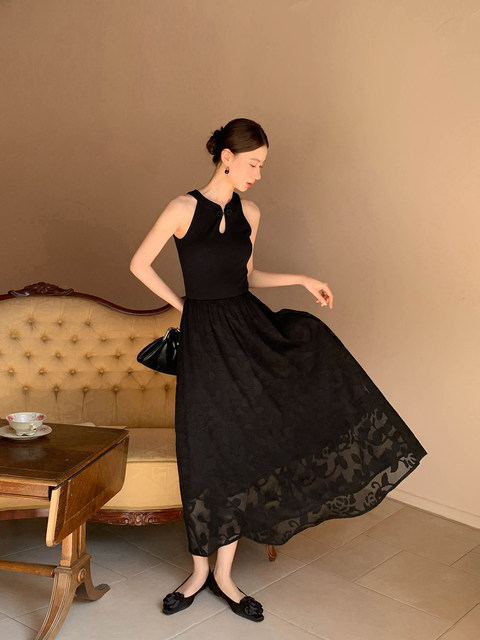 XXNING New Chinese style folding rose texture yarn neck dress for women's sleeveless vest skirt A-line knitted long skirt