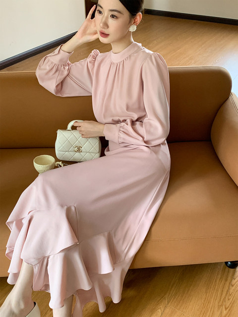 Xxning French-Style Draped Floral Hem Dress for Women, Elegant and Stylish, Suitable for Commuting, Long-Sleeved Dress