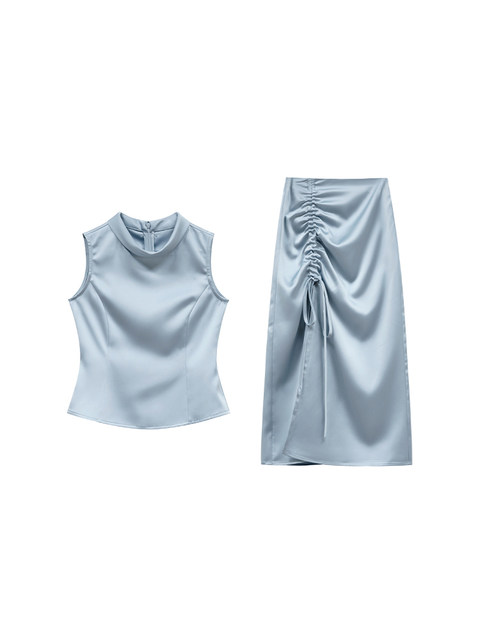 Xxning French-Style Turn-Down Collar Vest and Skirt Set for Women, Light Luxury, High-End Feel, Imitation Acetate Satin Two-Piece Set