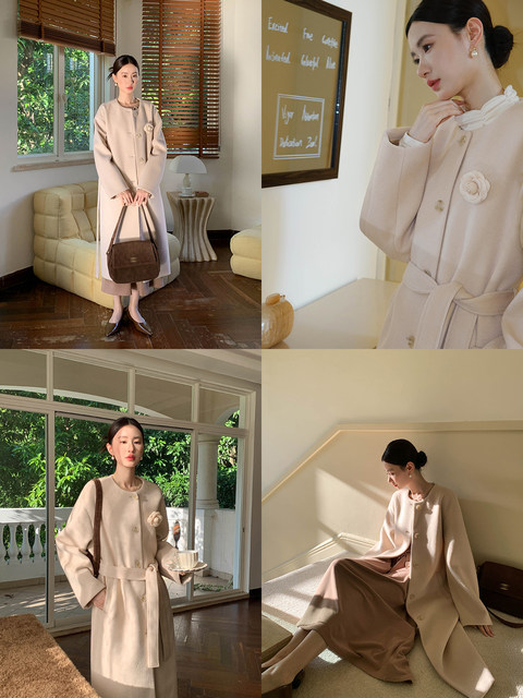 Xxning French Floral Brooch Woolen Long Coat for Women, Autumn High-End Woolen Coat for Wealthy Young Ladies