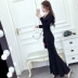 Phụ nữ mùa thu 2018 phiên bản Hàn Quốc mới của quý cô khí chất V-cổ xù màu đầm đầm xẻ eo cao 	mẫu váy eo đẹp	 Váy eo cao