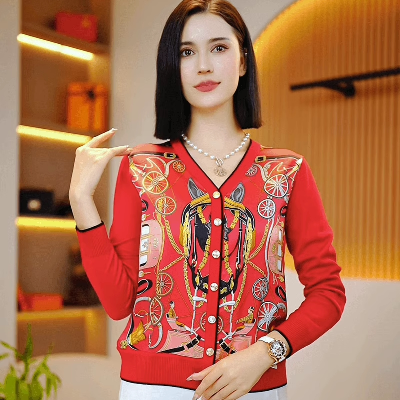 Aimai 2024 Silk Family Spring New Collection Mulberry Silk Printed Red Top Wool Patchwork Cardigan Long Sleeve