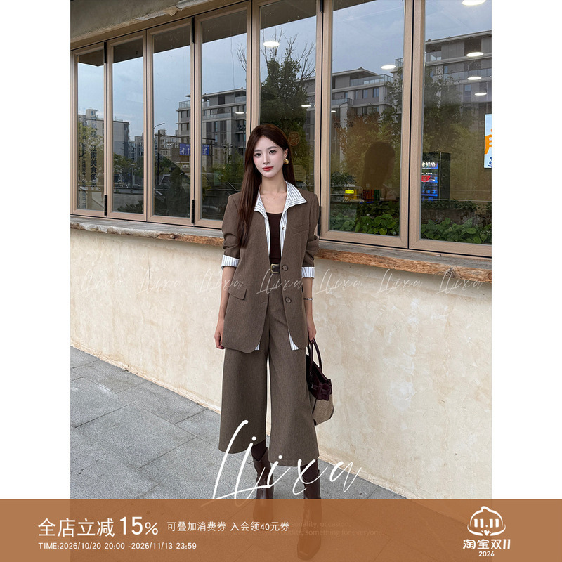 Liixu Early Autumn Light Mature Style Suit Set for Women, Faux Two-Piece Blazer Jacket with High-Waisted Cropped Wide-Leg Pants, Complete Set Liixu Early Autumn Light Mature Style Suit Set for Women, Faux Two-Piece Blazer Jacket with High-Waisted Cropped Wide-Leg Pants, Complete Set