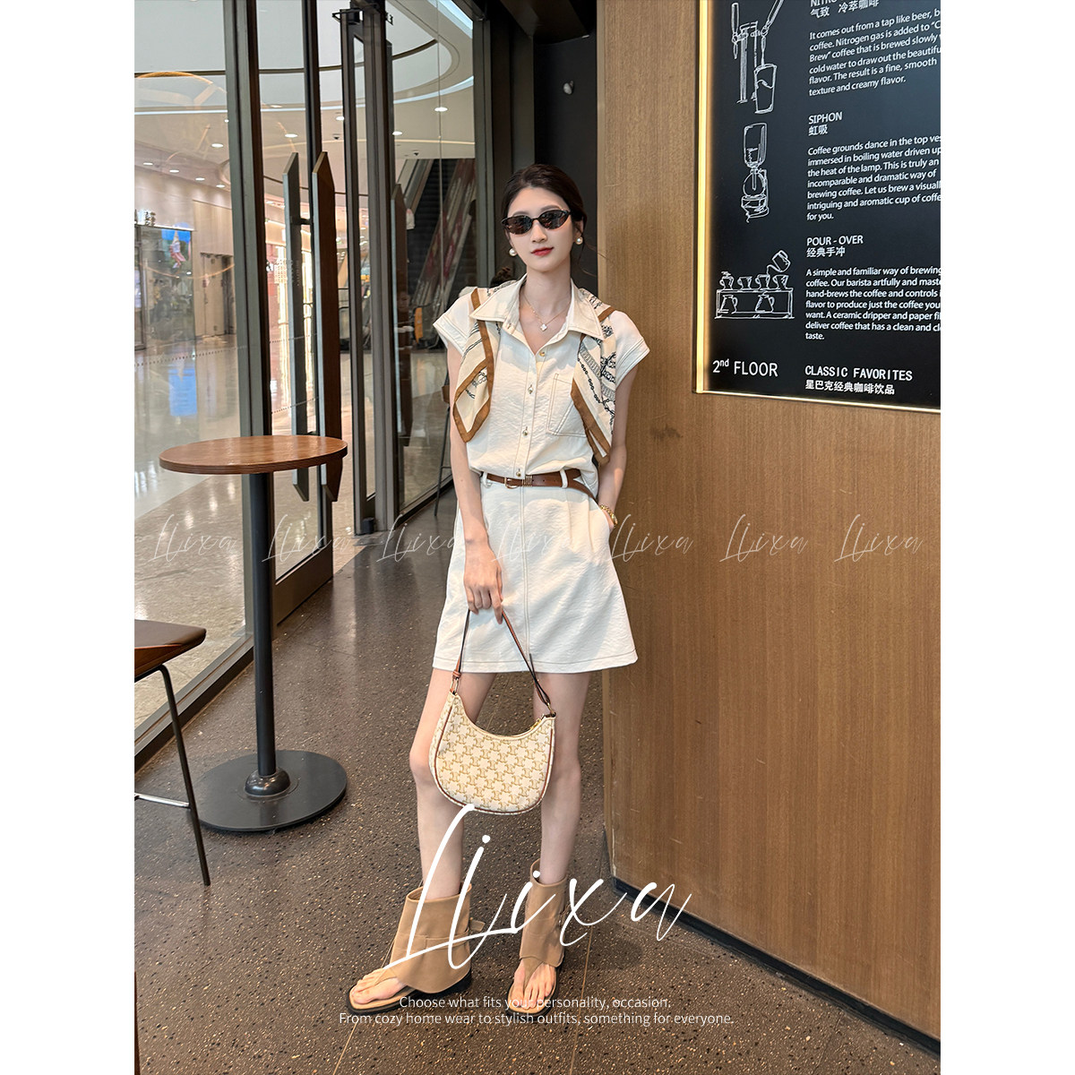 Liixu Summer Old-Fashion Style Workwear Shirt Dress for Women, Off-White Denim, Slim Fit, Elegant Commuter Dress