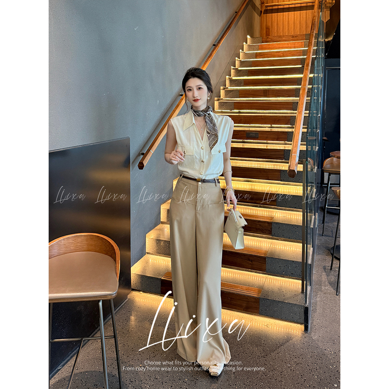 Liixu Summer Old Money Style Suit for Women, Elegant and Sophisticated Sleeveless Vest Shirt with Drapey Wide-Leg Pants Two-Piece Set