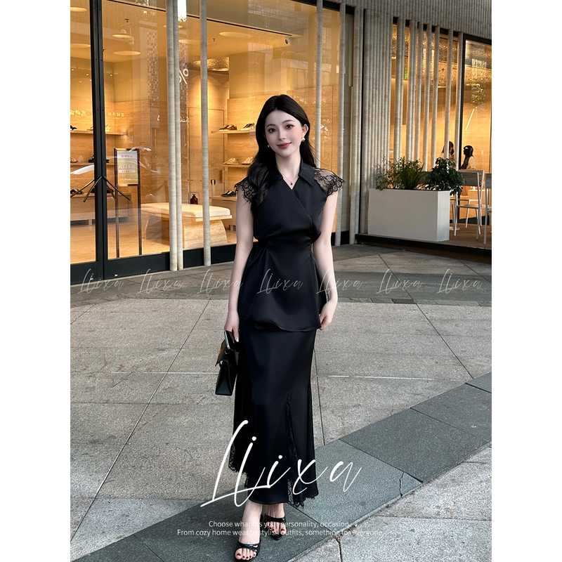 Liixu Summer Hepburn-Style Two-Piece Satin Lace Waist-Cinching Top and Little Black Dress Sexy Slimming Outfit Liixu Summer Hepburn-Style Two-Piece Satin Lace Waist-Cinching Top and Little Black Dress Sexy Slimming Outfit