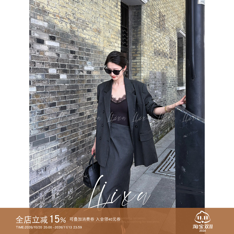 Liixu Autumn Old Money Style Suit Set Striped Blazer High Waist Slit Skirt Commuting Two-Piece Set Liixu Autumn Old Money Style Suit Set Striped Blazer High Waist Slit Skirt Commuting Two-Piece Set