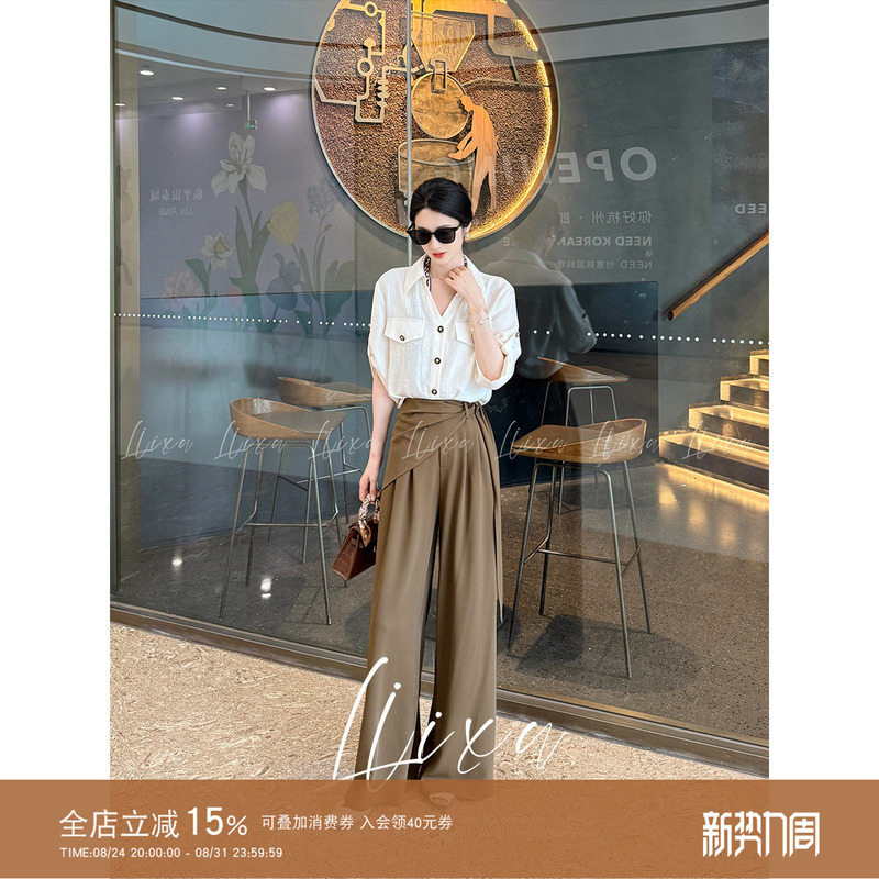 Liixu Old Money Style Commuter Suit Summer New Short-Sleeved Collared Shirt High-Waisted Drape Suit Pants Two-Piece Set