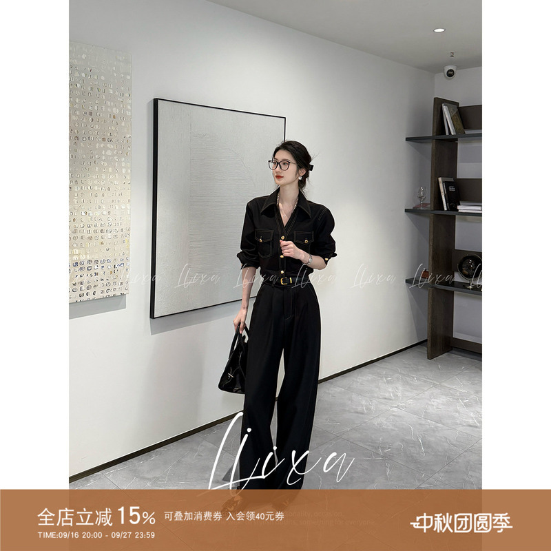 Liixu Vintage Denim Shirt and Wide-Leg Pants Set for Women, New High-End Shirt and Pants Two-Piece Set Liixu Vintage Denim Shirt and Wide-Leg Pants Set for Women, New High-End Shirt and Pants Two-Piece Set