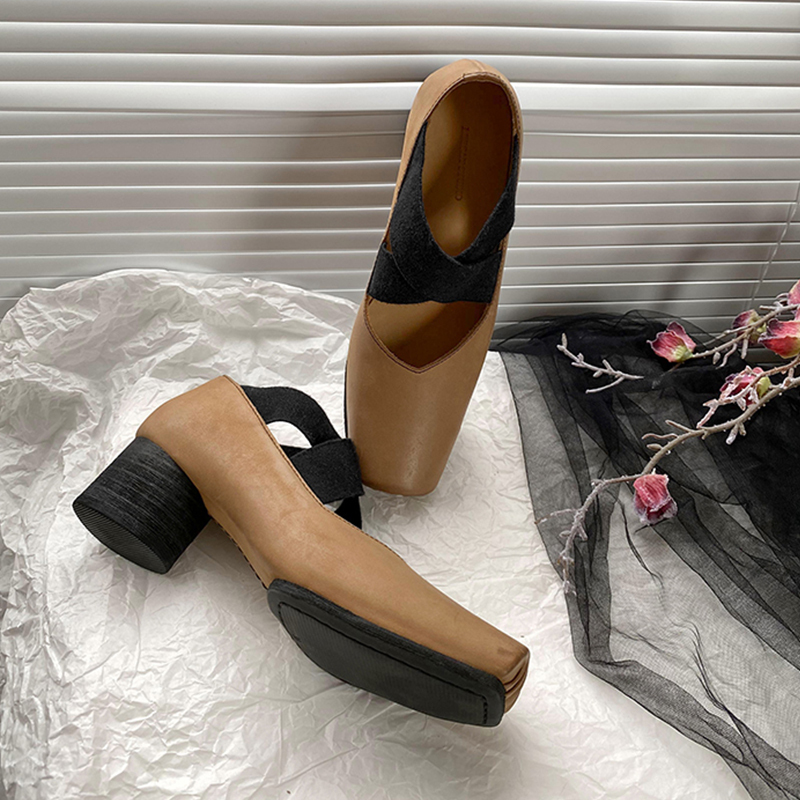 【Lan Xiaoya】 Uma Ballet Shoes for Women, French-Style Pig Nose Mary Jane Shoes, Chunky Mid-Heel Ballet Shoes