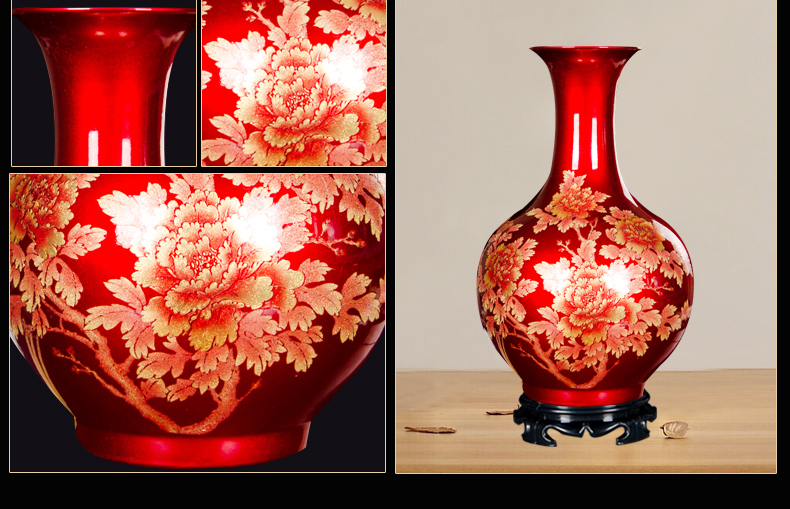 Jingdezhen ceramics red golden vase peony flower arrangement furnishing articles of modern Chinese style household living room TV cabinet decoration