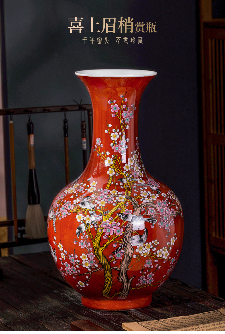 Jingdezhen ceramics China red vase furnishing articles flower arranging the new Chinese rich ancient frame decoration process big sitting room