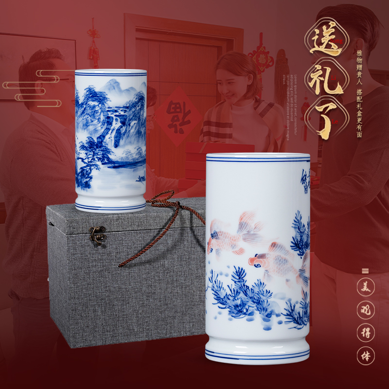Jingdezhen ceramic thin foetus hand - made of blue and white porcelain brush pot study desktop office furnishing articles porcelain decoration gifts