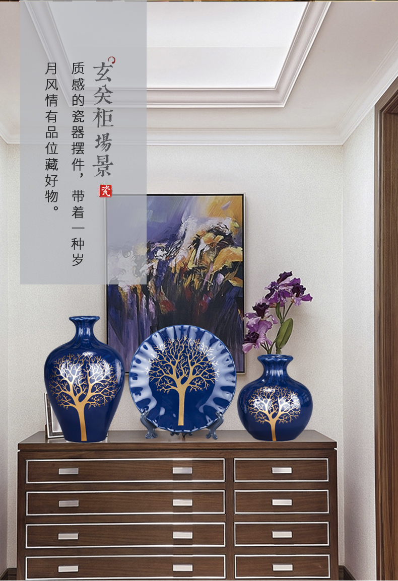 Jingdezhen ceramics glaze blue three - piece vase of modern Chinese style living room TV ark, furnishing articles home decoration