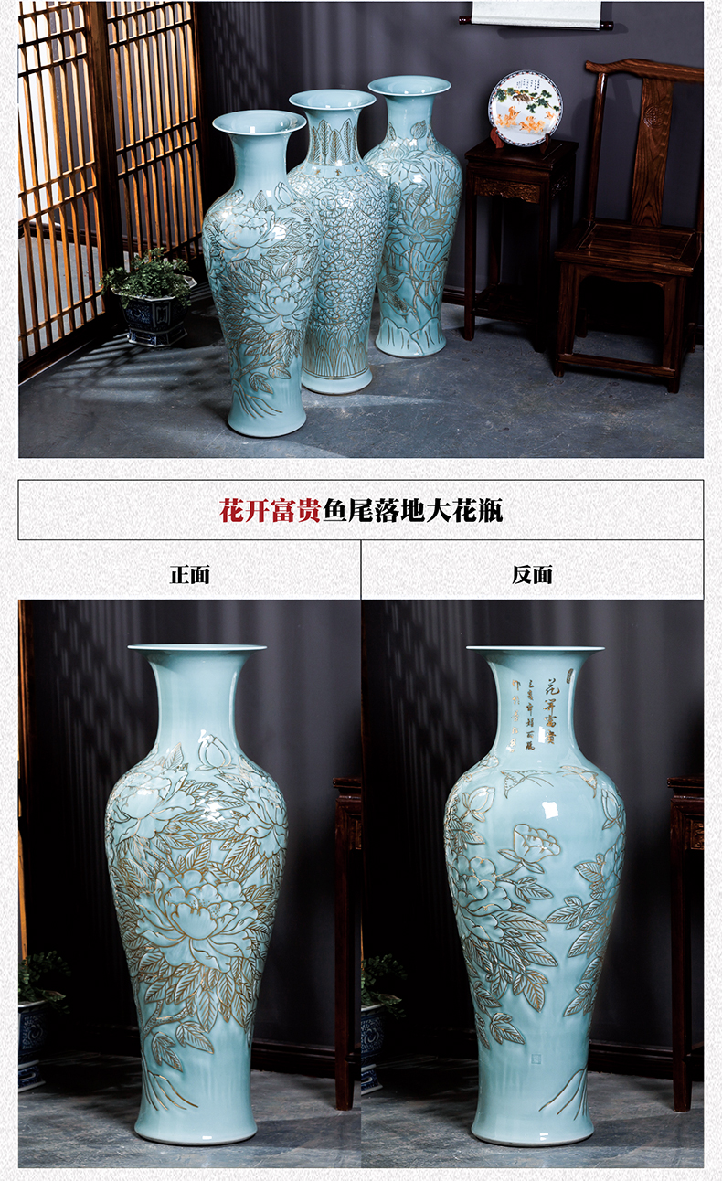 Jingdezhen big hand paint ceramic vase furnishing articles sitting room be born Chinese celadon decoration hotels high - grade decoration