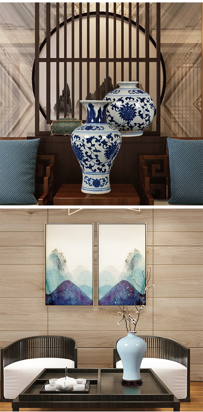 Archaize of jingdezhen ceramics up with blue and white porcelain vases, flower arrangement of Chinese style classical home sitting room adornment is placed