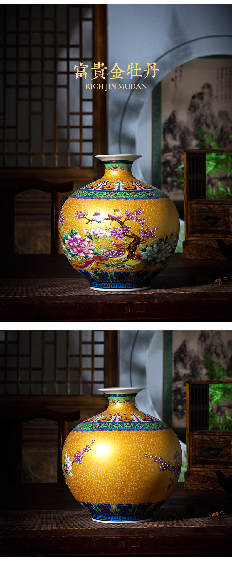 Jingdezhen ceramics enamel pomegranate flower vase furnishing articles sitting room of Chinese style household TV ark, flower arranging office decoration