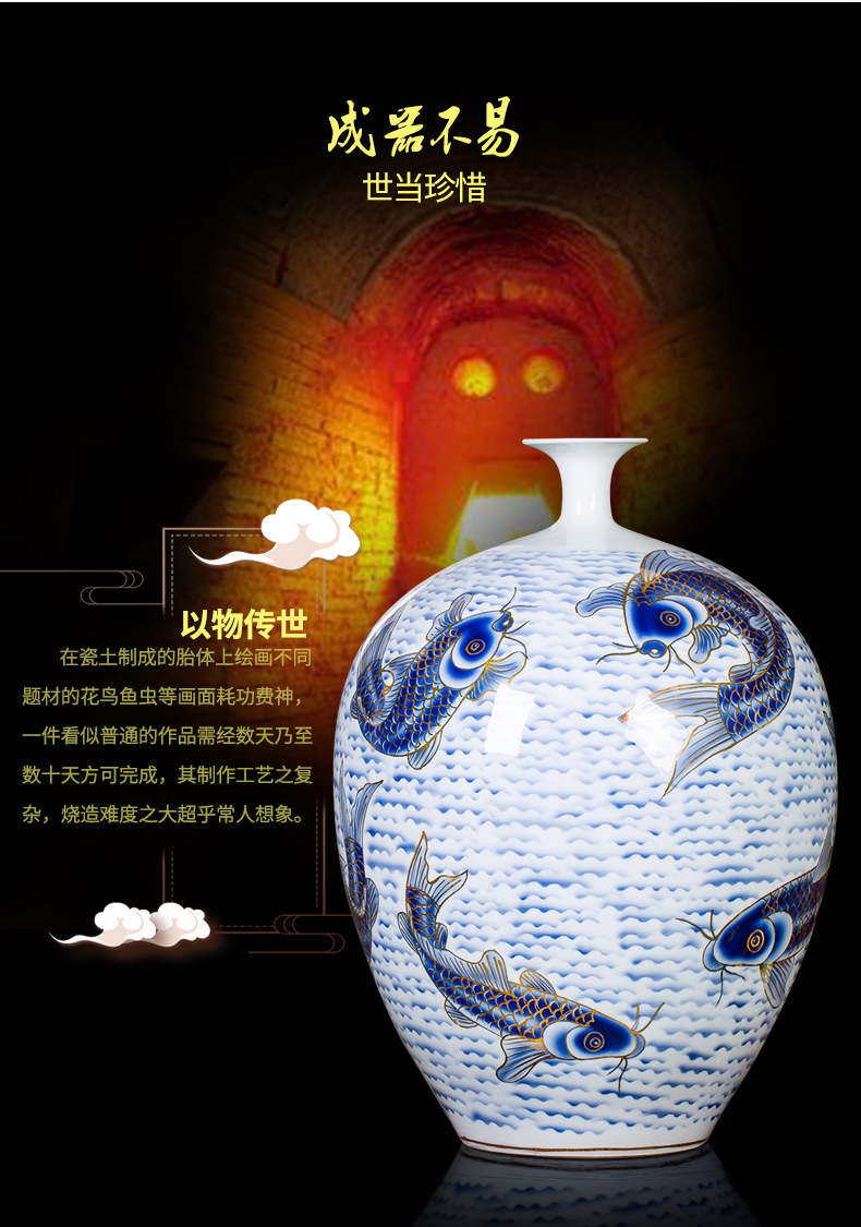 Famous master of jingdezhen ceramics hand - made paint large blue and white porcelain vase peony Chinese sitting room adornment is placed