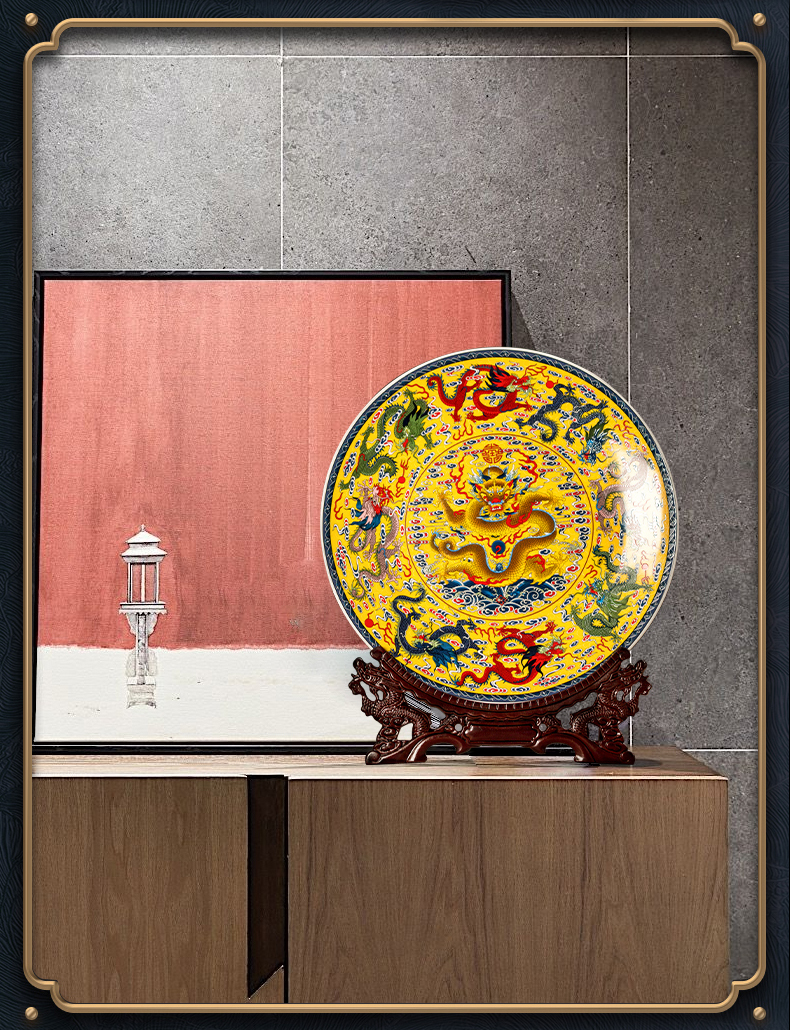 Jingdezhen ceramic longfeng home desktop rich ancient frame of Chinese style porch decoration plate wine sitting room adornment furnishing articles
