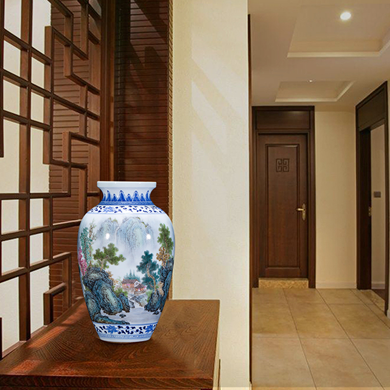 The Master of jingdezhen ceramics hand - made pastel landscapes of blue and white porcelain vases, new Chinese style living room decorations furnishing articles