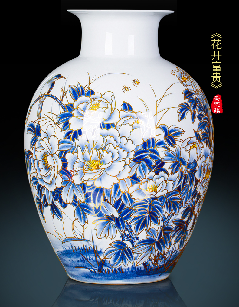 Famous master of jingdezhen ceramics hand - made paint large blue and white porcelain vase peony Chinese sitting room adornment is placed