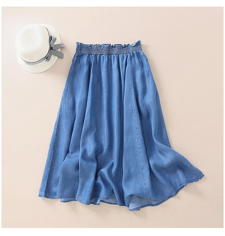 Tencel denim váy nữ mùa hè dài phần nấm ren eo cao một từ lớn swing váy mỏng phần denim váy - Váy chân váy midi xếp ly