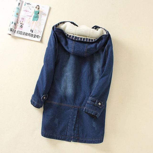 Autumn and winter Korean version loose thickened hooded denim cotton coat women's cotton coat mid-length cotton-padded jacket plus velvet lamb wool coat trendy