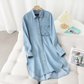 Autumn new style mid-length Tencel denim shirt for women slimming European and American style loose design shirt jacket