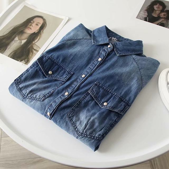 Spring and autumn new style comfortable and fashionable washed cotton denim long-sleeved shirt women's slim slimming bottoming top