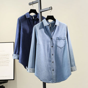 Soft waxy washed cotton denim shirt for women slimming inner fit spring Korean style new light-colored top for small people