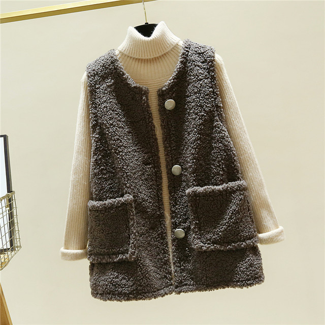 Round collar lambswool vest women's autumn and winter new loose outerwear fur vest mid-length coat women's vest