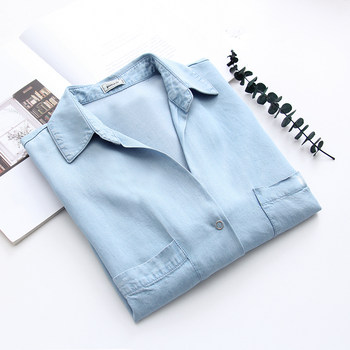 Summer new Tencel denim shirt for women, Korean version, loose mid-sleeves, double pockets, versatile large size, quarter-sleeve shirt, trendy