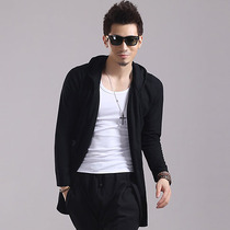Mens spring and autumn in black cardio-hoodie in Korean version with hat-knit long sleeve casual pure color medium long jacket
