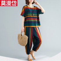 Cotton linen stripes printed two sets of women Summer new retro Fat mm large size blouse kharen pants linen suit