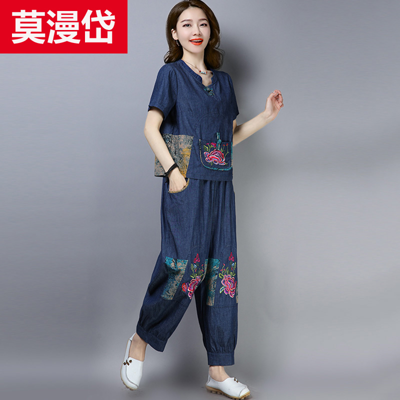 Quốc gió Tang phù hợp với cô gái hàng ngày retro Trung Quốc mùa hè gió váy cotton ngắn tay đầu quần rộng chân hai mảnh bộ