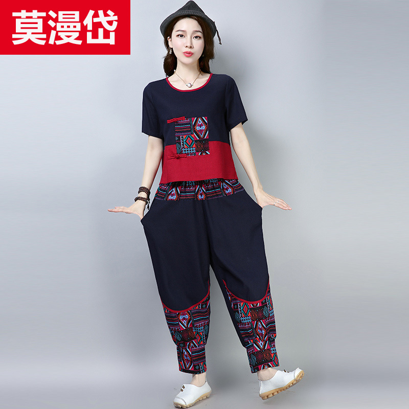 Trung Quốc Tang phù hợp với cô gái mùa hè váy phong cách retro quốc gia lanh bông áo khoác ngắn loose-fitting quần âu hai mảnh bộ