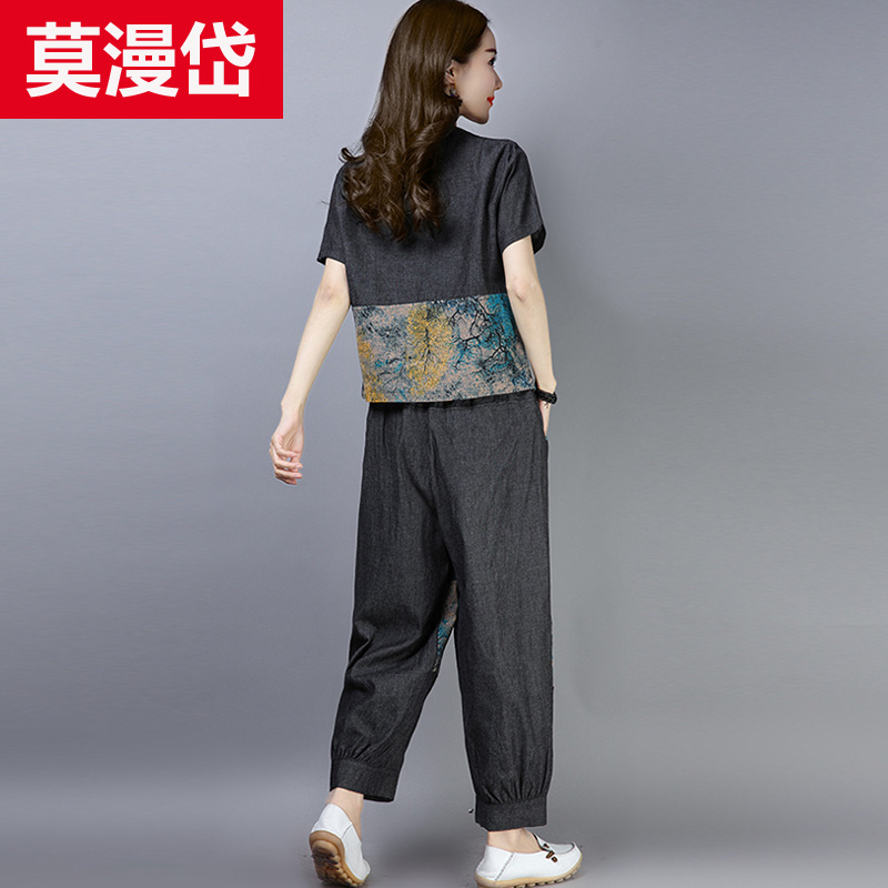 Quốc gió Tang phù hợp với cô gái hàng ngày retro Trung Quốc mùa hè gió váy cotton ngắn tay đầu quần rộng chân hai mảnh bộ