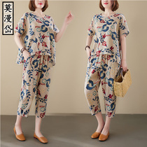 Retro Wind Cotton Linen Suit Woman 2022 New Summer Clothing Middle Aged Mother Foreign Air Casual Short Sleeve Kharen Pants Two Sets