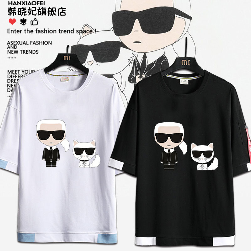 Karl Lagerfeld Lao Fu Ye Sunglasses Cat Head Print Short Sleeve T-Shirt Unisex Casual Half-Sleeve Pure Cotton Clothing Karl Lagerfeld Lao Fu Ye Sunglasses Cat Head Print Short Sleeve T-Shirt Unisex Casual Half-Sleeve Pure Cotton Clothing