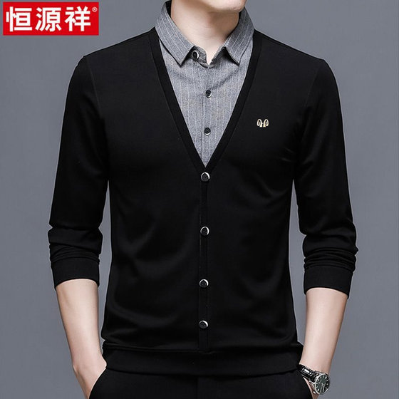Hengyuanxiang 봄과 가을 얇은 가짜 투피스 남성용 긴팔 티셔츠 셔츠 칼라 스프링 탑 중년 니트 바닥 셔츠