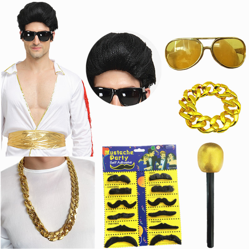 Halloween Christmas Cosplay Singer Elvis Wig Necklace Bracelet Elvis Microphone Beard Elvis Glasses Props