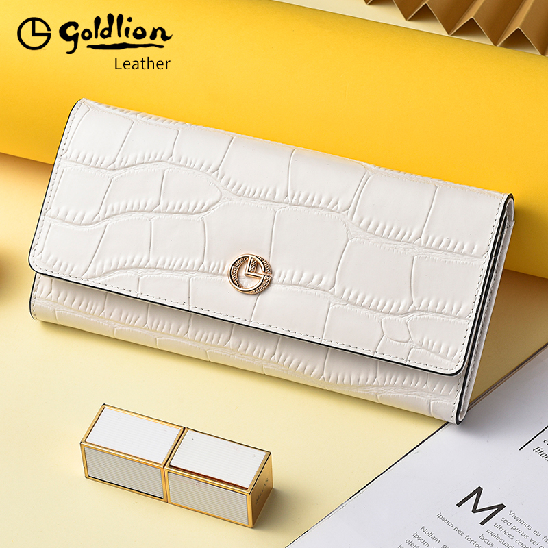 Goldlion Women's Long Wallet with Crocodile Pattern Genuine Leather Clutch Bag 2026 New Fashion Handbag for Women
