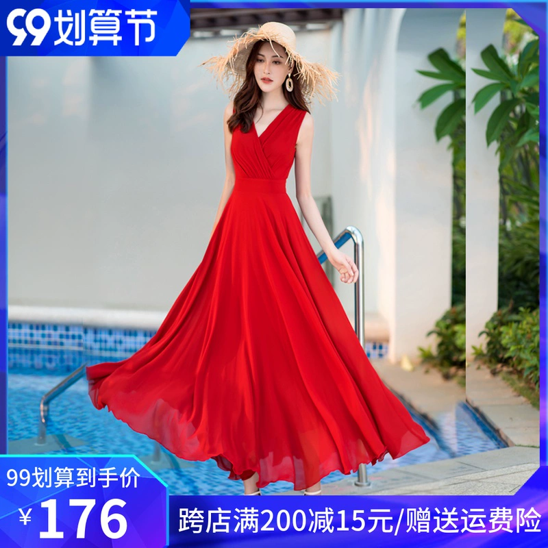 Phụ nữ mùa hè 2021 phong cách mới thanh lịch tính khí thanh lịch mảnh mai không tay váy dài voan váy bohemian - váy đầm