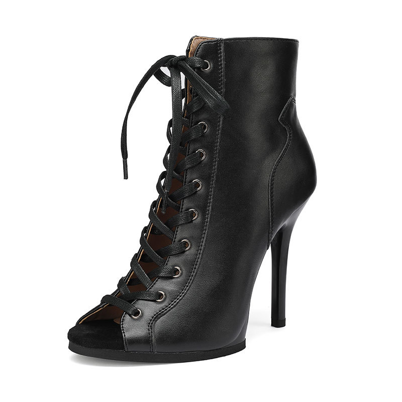 Black Sexy Pump Jazz Dance Shoes Lace-Up Short High-Heeled Shoes Dance Shoes Soft-Soled Short Boots Heels for Women