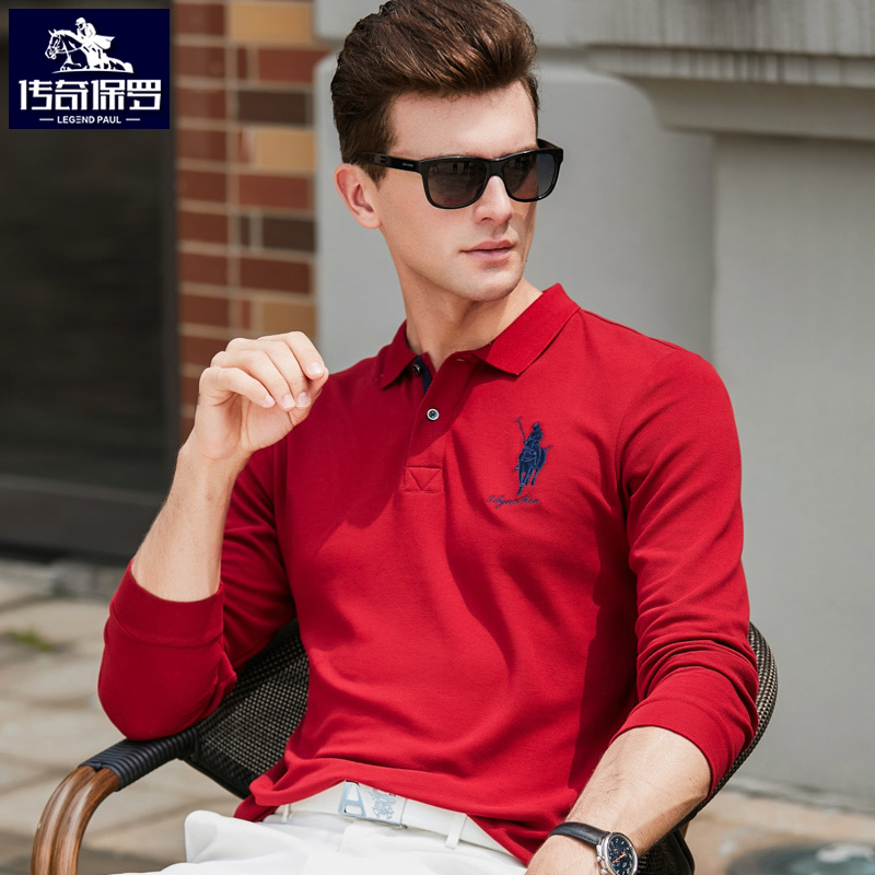 Spring fall red long sleeve polo shirt male pure cotton martender embroidery Classic Rafa Laurenma ball T-shirt male easy to turn T-shirt