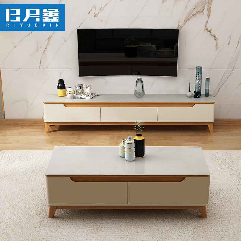 Sun Moon Xin solid wood white bright paint coffee table TV cabinet combination Tempered glass Nordic style living room combination